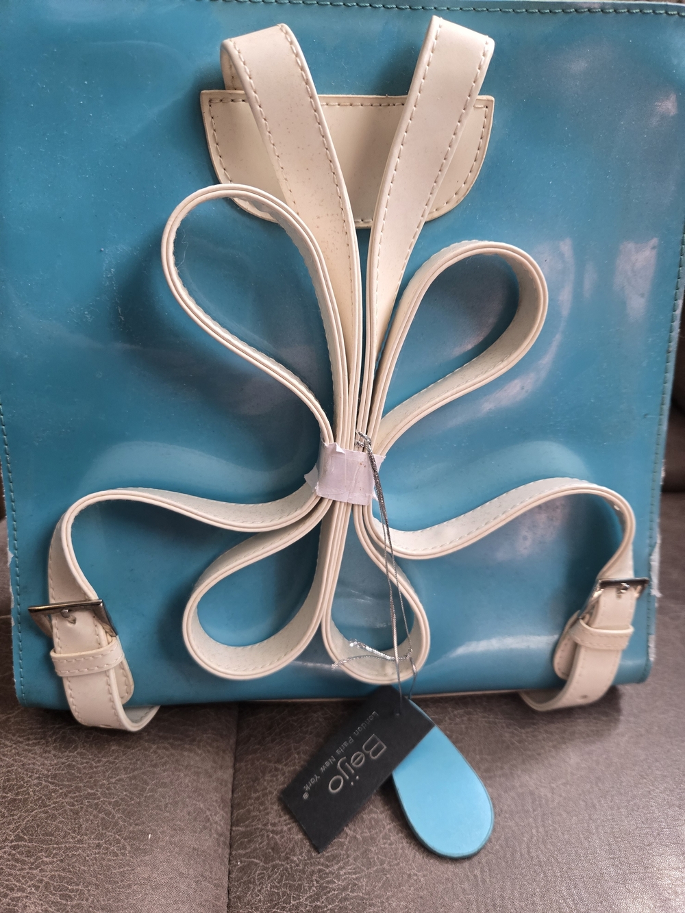 Teal Blue Beijo Patent Backpack with Cream Straps